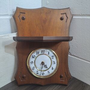 Vintage Quartz Wall Clock, Brown & Gold Wooden Wall Clock With Shelf 15"X11"